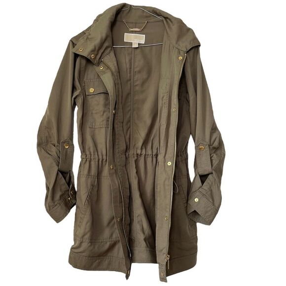 Michael Kors Anorak Coat Olive Green Jacket Drawstring Waist Gold Hardware XS - Picture 2 of 12